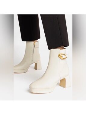 New never worn Larroude Cream Platform Ankle Boots with Gold Buckle